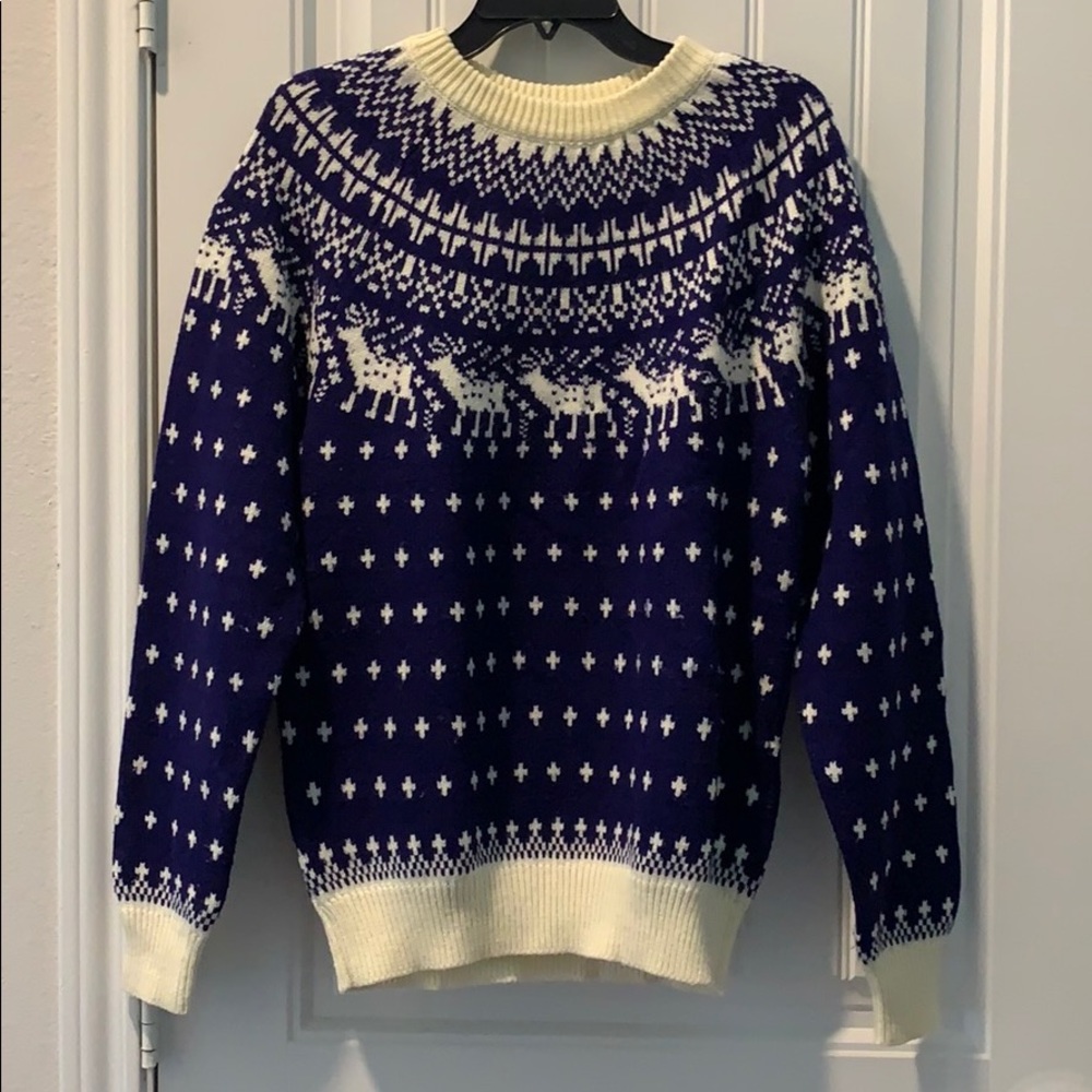 🟢 Ugly Christmas Reindeer Moose Sweater M Blue cream